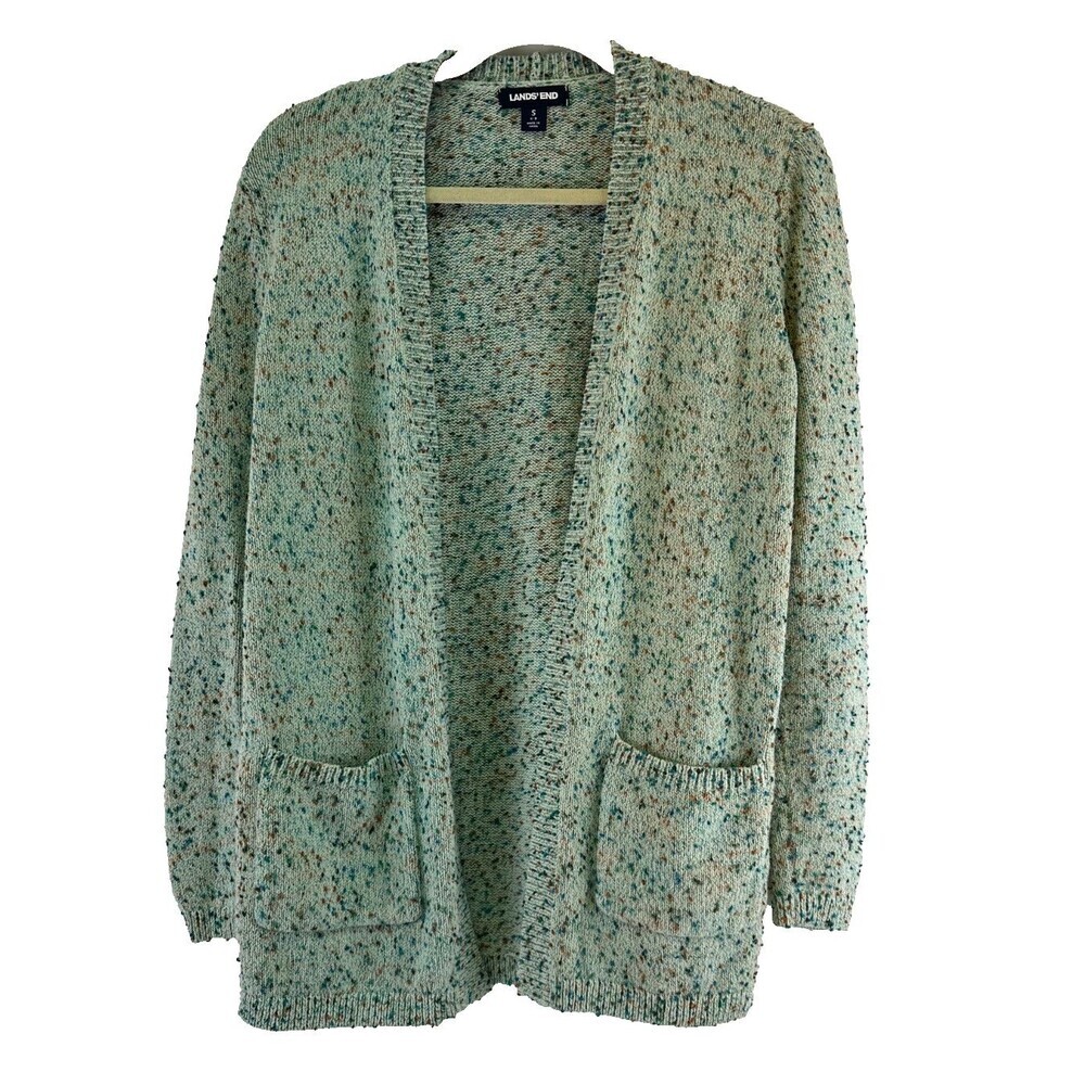 Lands End Sweater Cardigan Green Speckled Textured Pockets Knit Womens Small 6-8